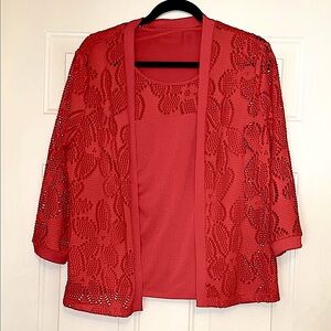 Alfred Dunner Floral Lace Cardigan/Top Set (Generous) S/M Deep Coral